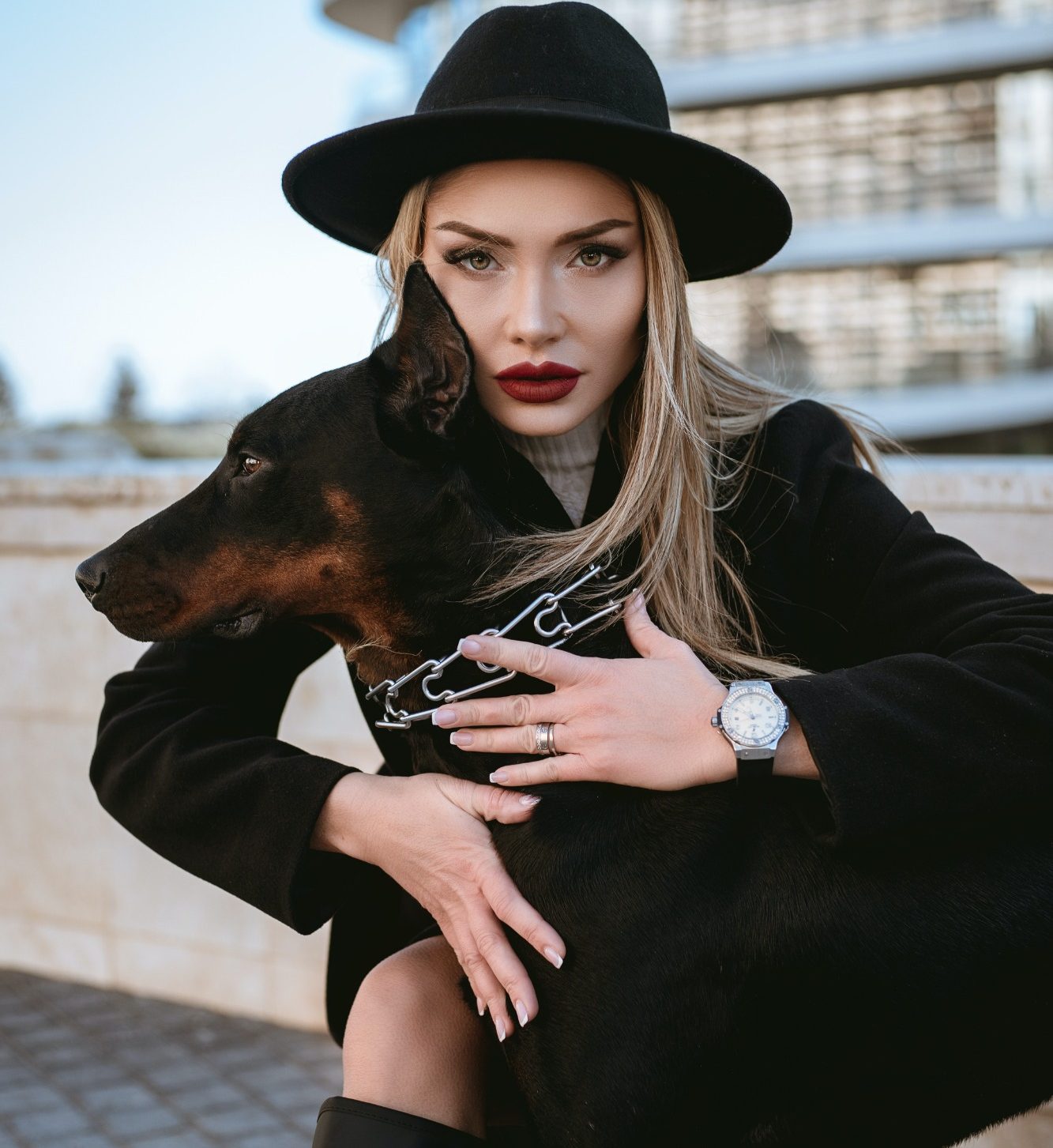 woman with protective dog